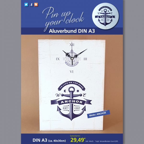 A3 Uhr auf Aluverbund mit Anchor-Motiv blau