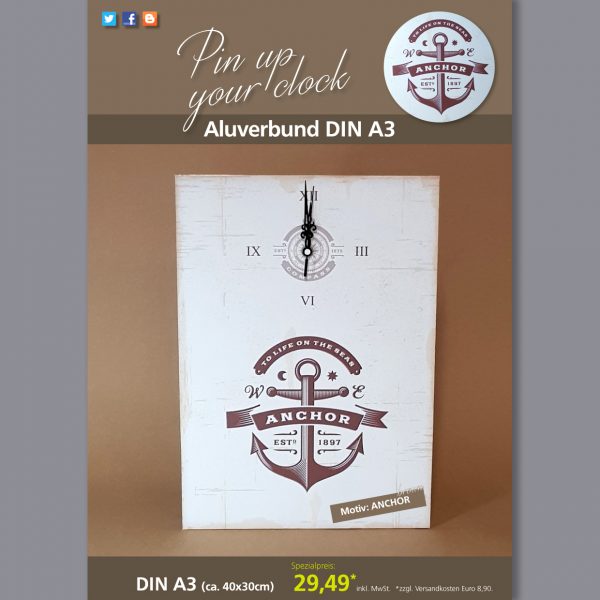 A3 Uhr auf Aluverbund mit Anchor-Motiv braun