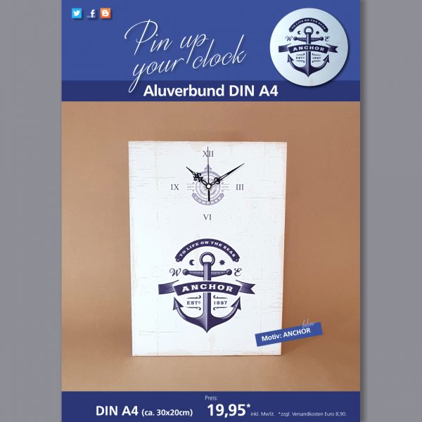 A4 Uhr auf Aluverbund mit Anchor-Motiv blau