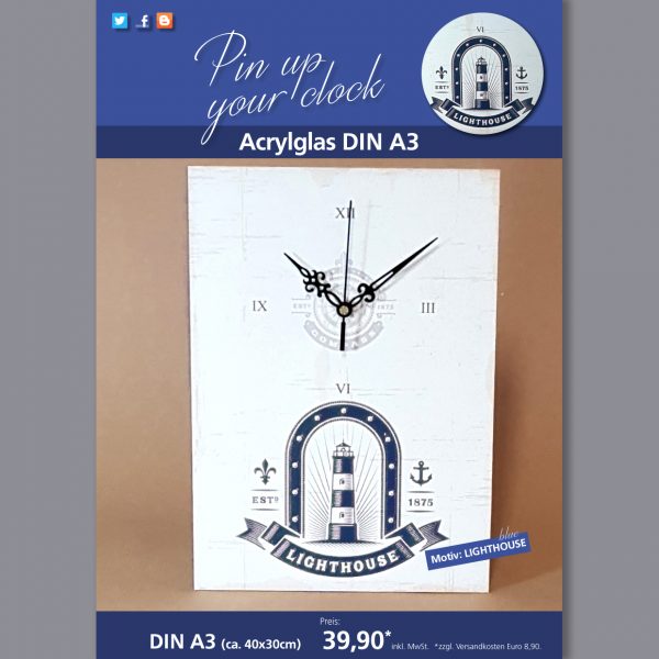 A3 Uhr auf Acrylglas mit Lighthouse-Motiv blau