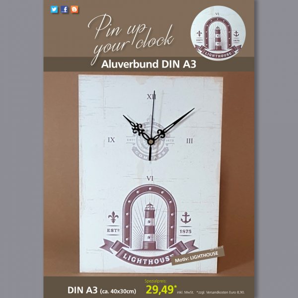 A3 Uhr auf Aluverbund mit Lighthouse-Motiv braun