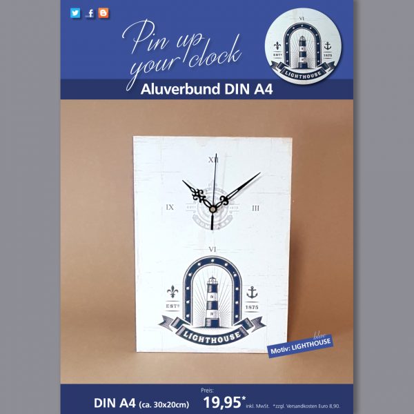 A4 Uhr auf Aluverbund mit Lighthouse-Motiv blau