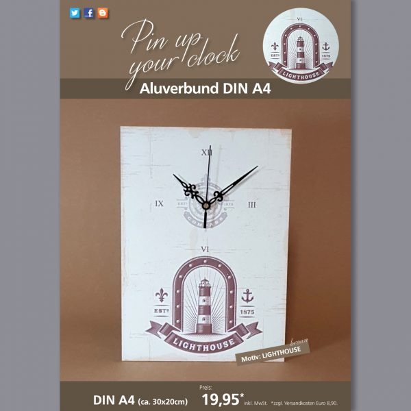A4 Uhr auf Aluverbund mit Lighthouse-Motiv braun