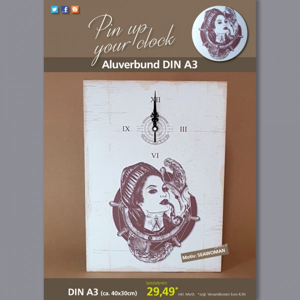 A3 Uhr auf Aluverbundplatte mit Seawoman-Motiv braun
