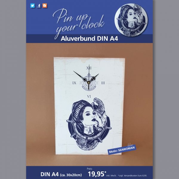 A4 Uhr auf Aluverbundplatte mit Seawoman-Motiv blau